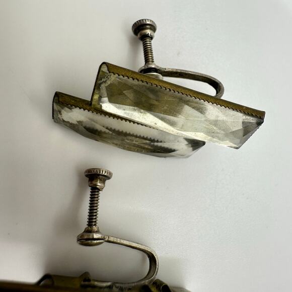 Antique Art Deco 1920s brass Czech glass sterling silver screw back earrings - Picture 6 of 10